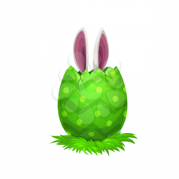 Easter egg with bunny ears, Easter religion holiday egghunting party. Vector rabbit or bunny animal hiding in green painted egg with cracked shell and pattern of stripes and dots, kids game
