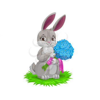 Easter bunny with flower bouquet, vector Easter holiday egg hunt party. Cartoon hare animal holding spring flowers of blue forget-me-not with pink ribbons
