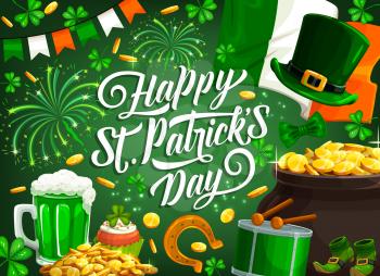 Patrick day, Irish traditional holiday, vector shamrock clover and fireworks. Saint Patrick luck symbols of golden horseshoe, leprechaun gold coins in cauldron, Ireland flag and green ale beer mug