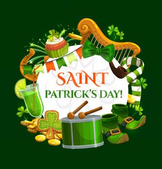 Saint Patricks day, vector leprechaun gold coins, shoes with golden buckle and horseshoe. Irish Celtic holiday green ale beer, shamrock clover leaf and Ireland flag. St Patricks day celebration