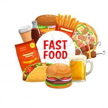 Fast food burgers, sandwiches, pizza, hot dog and drinks, delivery and takeaway menu. Vector mexican fastfood tacos, cheeseburger and hamburger, potato fries, shashlik kebab skewers, beer and coffee
