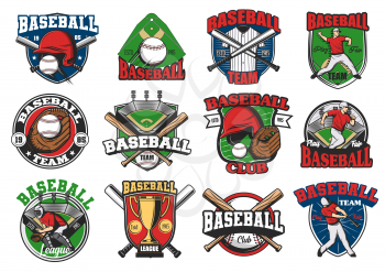 Baseball sport vector icons and badges, game cup and team symbols. Softball school, team, league icons of baseball, catcher player and batter with bat and ball