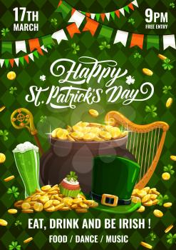 Patricks day invitation on celebration of Irish spring holiday 17 march. Vector leprechauns stick and hat, golden coins and garlands, pot of gold, green beer. Food and drinks, fireworks and harp