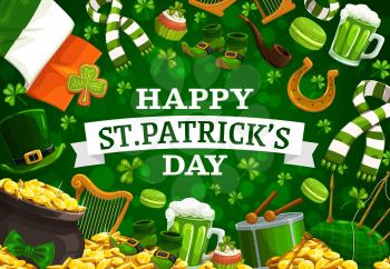 Patricks Day vector frame of green shamrock, leprechaun hat and pot of gold, clover leaves, golden coins and Irish flag, lucky horseshoe, beer mug and drum. Religion holiday of Ireland design