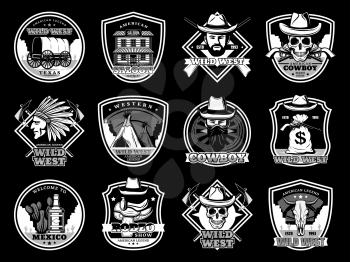 Wild West icons with vector skulls, cowboy and sheriff. American western bandits with hats, guns and saloon, texas ranger, indian chief and revolvers, horseshoe, horse lasso, saddle and wagon icons