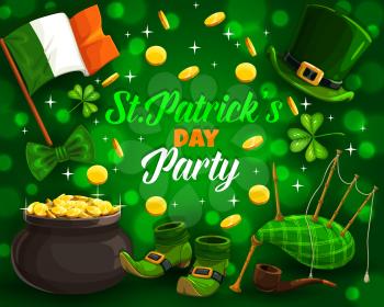 Patricks day party and holiday attributes on green. Vector flag of Ireland, leprechauns hat and shoes, bagpipe and smoking pipe. Rain of golden coins and shamrock leaves, pot with treasures