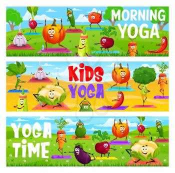 Morning yoga or pilates fitness, cartoon vegetables characters on grass field. Vegetables and veggie healthy sport activity and workout, garlic in yoga meditation and tomato stretching exercise on mat