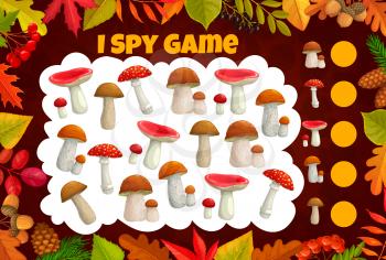 Kids spy game with cartoon mushrooms and leaves. Vector puzzle, logic riddle or education worksheet template with task of find and count autumn mushrooms with frame border of red maple leaves, acorns