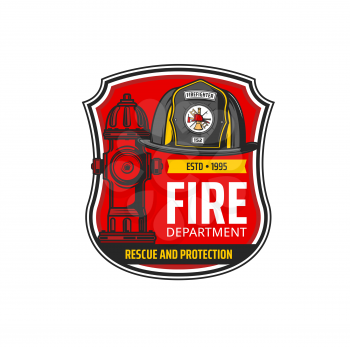 Firefighting department icon. Fire department, emergency rescue service vintage vector badge, retro sticker or icon with firefighter classic leatherhead helmet and water hydrant