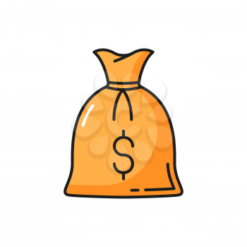 Sack of money with dollar sign, bag with savings isolated color line icon. Vector moneybag with rope, jackpot treasure funds, investment, charity profit. Bank cash, finance savings and deposit