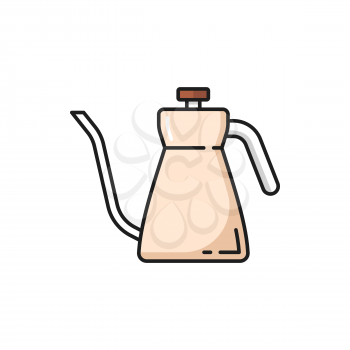 Coffee dripping kettle coffeware object isolated icon. Vector barista equipment, kitchenware, coffee dripping kettle with americano hot drink. Teapot, coffee-making equipment, coffeeware item