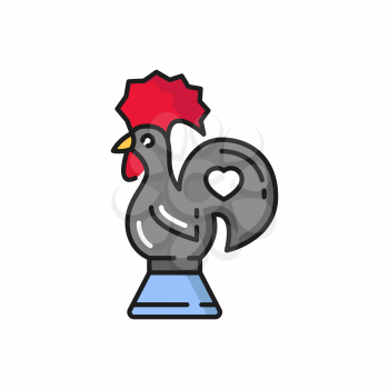 Barcelos rooster cock bird symbol of Portugal, souvenir isolated flat icon. Vector galo de barcelos rooster, traditional medieval gift bird with red cock and hear on tail. Kids toys cockerel cock