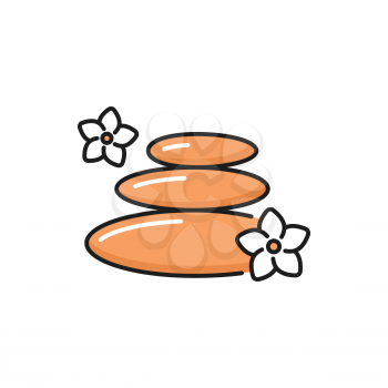 Pebbles with plumeria flowers isolated spa stones flat line icon. Vector well balanced rocks, massage, oriental medicine symbol. Stacked stones tower, sack of pebble, harmony balance, spa sign