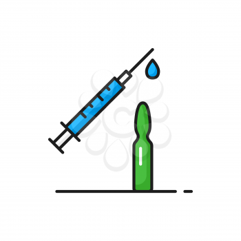 Shot inject with needle and drop, global immunization, medical health care isolated color line icon. Vector corona prevention, flu diseases treatment. Vaccine vial and syringe, coronavirus vaccination