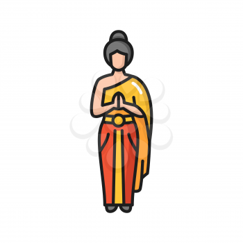 Woman in Thai traditional dress color line icon. Vector Thailand female in traditional wear say hello Sawasdee. Vector asian eastern national costume on pretty girl. Thai dancer, female in silk dress