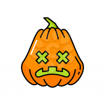 Pumpkin jack-o-lantern Halloween creepy symbol isolated orange vegetable outline icon. Vector guard with crossed eyes and curved smile, angry face. Pumpkin with stem, Halloween party decoration