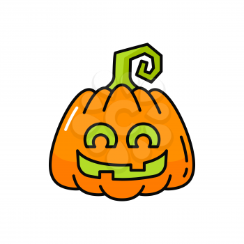 Happy Halloween pumpkin jack-o-lantern isolated icon. Vector cute guard with smiling eyes, orange squash with green mouth. Halloween party decoration, pumpkin with stem, spooky terrible vegetable