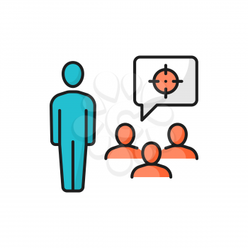 Business conference, people reach target together isolated color line icon. Vector common goal, team communication group finding financial decisions, profit advantages. Support center workers