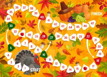 Thanksgiving board game, turkey bird, autumn leaves and harvest. Vector kids boardgame with numbered snake path, walk puzzle for family and children activity. Help turkey to find fall crop riddle