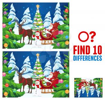 Child find ten differences game with Santa and Christmas tree. Kids logical riddle with comparing task, children holiday puzzle game. Santa in sleigh, reindeer and snowman characters cartoon vector