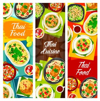 Thai cuisine vector mushroom soup tom klong hed ruam, chicken soup tom kha gai and lemongrass tea. Fish coconut curry, noodles with pork satay and peanut sauce, squid salad yam pra muek Thailand meals
