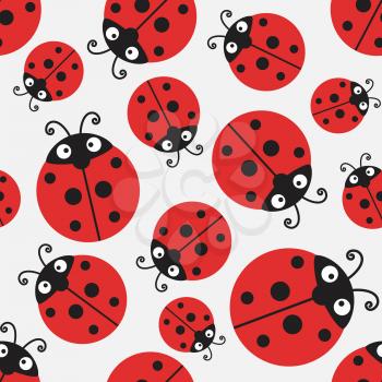 Ladybug pattern, vector seamless ladybird decorative background with funny insects on white background. Wrapping paper or fabric design, cartoon baby wallpaper, textile ornament repeat ladybug texture