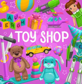 Toy shop vector rubber duck, ball and water gun with doll, cube blocks, gift box and helicopter, scooter and car with soft bear. Baby store playthings stuff rabbit, beanbag and pyramid cartoon poster