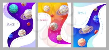 Space posters with cartoon planets, vector galaxy and solar system. Alien universe planets with orbit rings and stars, colorful landscapes or fantastic game surface, astronomy and space exploration