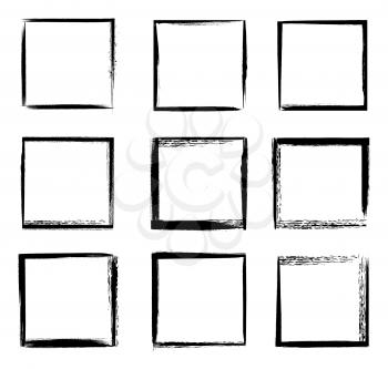 Grunge frames isolated vector black square shape borders with scratched rough edges on white background. Grungy old texture, dirty weathered vignettes for photo frames, decorative design elements set