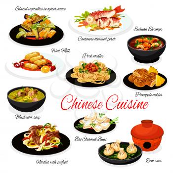 Chinese cuisine food with vector Asian dishes of seafood and meat noodles, steamed fish and buns bao, vegetables with oyster sauce. Mushroom soup, Szechuan shrimps, pineapple cookies and fried milk