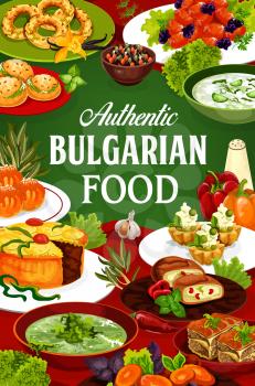 Bulgarian cuisine food, vector dishes of meat and vegetables. Yogurt cucumber and spinach soups, bryndza cheese stuffed peppers and buns, beef pies, pork with prunes, fruit cream cupcakes and bagels