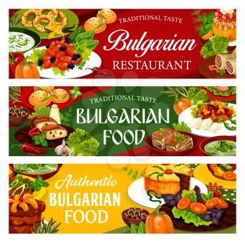 Bulgarian cuisine food dishes, vector banners with vegetable, meat and desserts. Bryndza cheese with pepper sauce, yogurt soup tarator, beef and fruit pies, pork with prunes, sugar donuts and bagels
