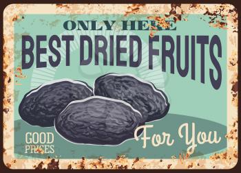 Prunes rusty metal plate, vector dried fruits and candied berries vintage rust tin sign. Dry damson sugared snack natural eco food retro poster. French plum ferruginous promo card for market or store