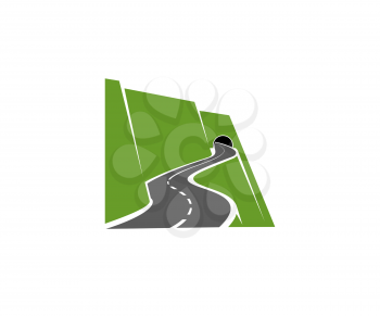 Winding mountain road or highway with tunnel in cliff icon. Speed freeway, driveway or pathway on sidehill or steep mountainside going in tunnel vector. Road travel voyage, transportation emblem