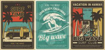 Surfing club, vacation leisure on beach retro poster. Vintage van car on tropical shore with palm trees, surfer riding on big wave and lifeguard tower vector. Hawaii and california surfing banners