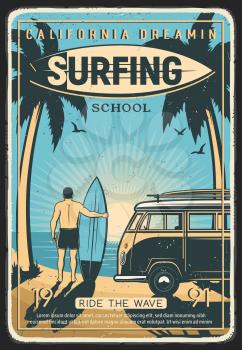 Surfing school retro poster. Surfer with surfboard standing near vintage van on tropical beach, ocean shore or California coastline and looking on sunset engraving vector. Surfing lessons retro banner
