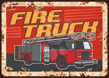 Fire truck with extension ladder and water tender. Fire department, emergency situations service vehicle or rescue team engine vector. Firefighters squad car rusty metal plate or retro banner