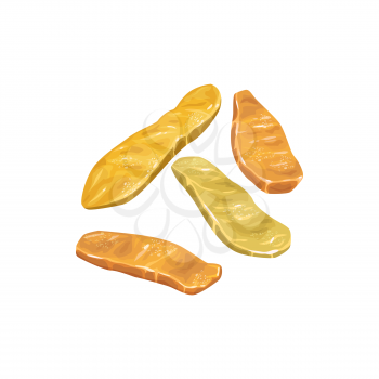 Candied dried fruits, dry food fruit sweets, isolated vector icon. Candied dried pineapple, mango or papaya succade slices, sweet dessert confection, culinary and pastry ingredient