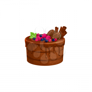 Chocolate cake or cream pie, dessert sweets food, vector isolated icon. Chocolate cocoa cake with molten caramel fondant, bakery pastry dessert sweets tiramisu or brownie with fruits and cookies