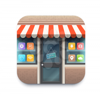 Online shop application marketplace vector icon for web store market. Online shop mobile phone app button for buy and sale digital store or market, smart shopping and delivery technology