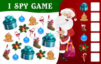 Children Christmas I spy educational game. Child math riddle, kids playing activity with search and count task. Santa character, gifts and Christmas tree ornaments, sweets, stocking cartoon vector