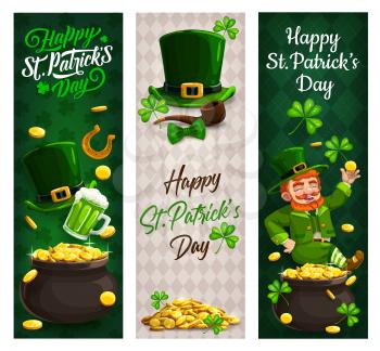 St Patricks Day leprechaun with gold, clovers vector banners of Irish holiday. Green beer, hat and pot of gold, shamrock leaves, lucky horseshoe and golden coins, treasure cauldron, elf smoking pipe