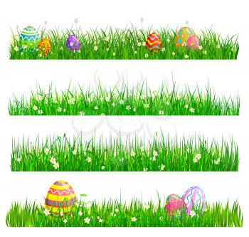 Easter eggs hunting, green grass with decorated eggs and chamomile flowers isolated cartoon vector borders set. green grass blades field. Easter hunt decoration element with spring blossoms on lawn