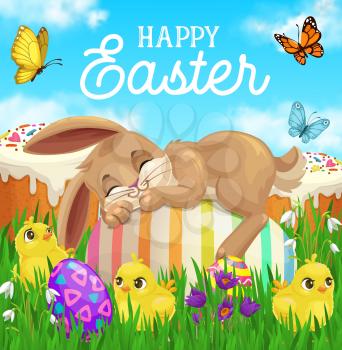 Easter bunny sleeping on egg vector greeting card with green grass, chicks, Easter sweet cakes and spring flowers, butterflies, blooming crocuses and lily of the valley. Resurrection Sunday holiday