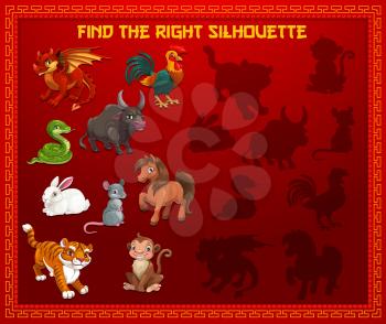 Child find silhouette New Year game with Chinese calendar animals. Kids educational game, activity with matching task. Dragon, cock and ox, snake, hare and rat, horse, tiger and monkey cartoon vector