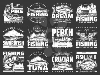 Fishing sport leisure, fish hooks and lure rods vector icons. Fishing club big fish catch tournament for tuna and crucian, pike and flounder, perch, sea mackerel and swordfish, baits and tackles store
