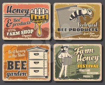 Beekeeping apiary, honey bee and beekeeper, vector retro posters. Beehive and honeycombs, beekeeping apiary farm and honey organic products, wooden dipping spoon with dripping drops