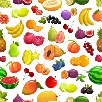 Vector pineapple and peach, banana and watermelon tropical fruit and berries seamless pattern background. Orange and pomegranate, cherry and tropic fig, starfruit carambola and papaya, mango and apple