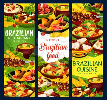 Brazilian cuisine churrasco meat skewers and mango fried beef salad, feijoada beans and bacalhau fish, corn soup and moqueca with shrimp seafood. Brazilian traditional menu meals vector banners