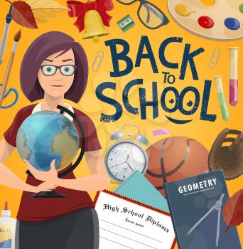 Back to school vector design of teacher and education supplies. Woman teacher with student book, notebook, paint and brush, glue, compass and chemical test tubes, diploma, glue, ball and sharpener